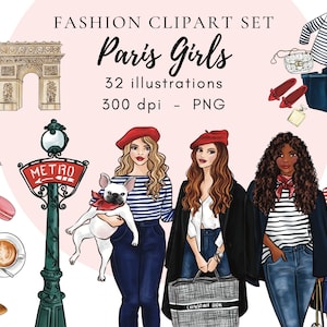 Paris Girls Fashion ilustración clipart - arte imprimible PNG, descarga instantánea, impresión de moda, imágenes prediseñadas de acuarela