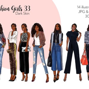 Fashion Girls 33 - Dark Skin Fashion illustration clipart, printable art, instant download, fashion print, watercolor clipart