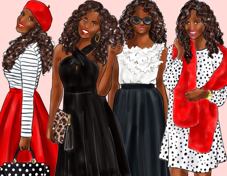 Girls in Black White & Red Dark Skin Fashion Illustration - Etsy