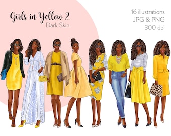 Dark Skin Fashion Illustration Clipart: Girls in Yellow 2 (Digital Download)