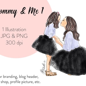 Mommy & Me clipart, mother daughter sublimation png, watercolour illustration, watercolor fashion print