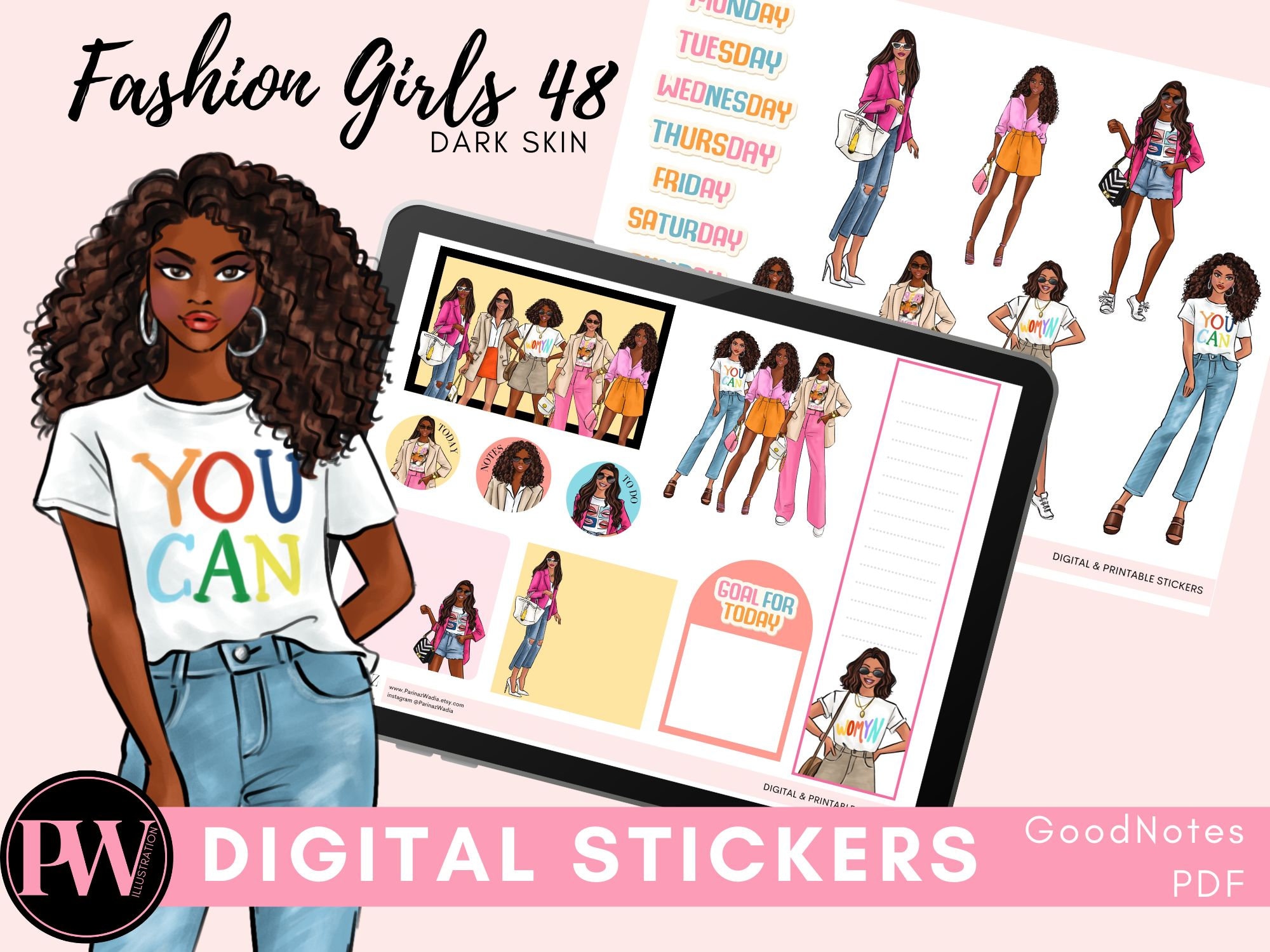 Buy Black Girl Digital Planner Stickers, Goodnotes Pre Cropped, PDF,  Instant Download, Printable Fashion Girls 48, Girl Icons Online in India 