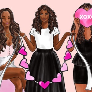 May include: Three women with long brown hair are wearing different outfits. One woman is holding a pink heart with the text "XOXO" on it. Another woman is holding a string of pink hearts. The third woman is holding a glass of champagne.