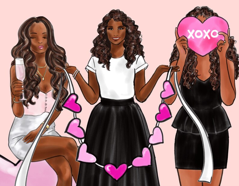 May include: Three women with long brown hair are wearing different outfits. One woman is holding a pink heart with the text "XOXO" on it. Another woman is holding a string of pink hearts. The third woman is holding a glass of champagne.