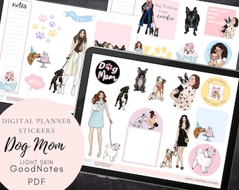 Digital GoodNotes and Printable stickers - Dog Mom - Light skin - PDF, instant download