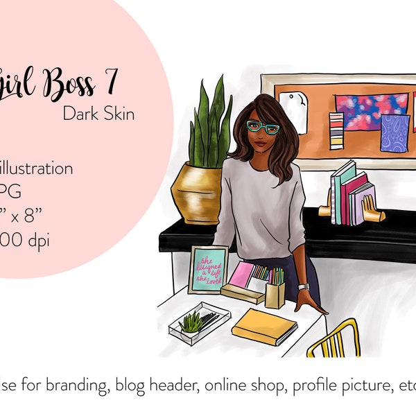Girl Boss 7- Dark skin Fashion illustration, printable art, instant download, fashion print, watercolor illustration, sublimation