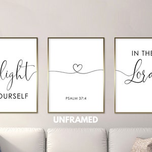 Psalm 37:4, Delight Yourself in the Lord, Bible Verse Quote, Set of 3 Poster Prints, Christian Home Wall Art Décor, Minimalist Art