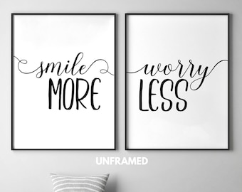 Smile More, Worry Less, Motivational Quote Prints, Home Decor, Set of 2