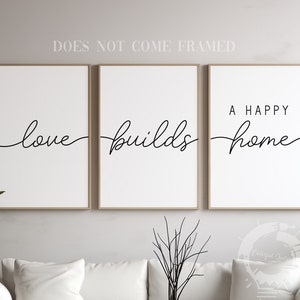 Love Builds a Happy Home, Romantic Posters, Set of 3 Poster Prints, Home Wall Art Décor, Minimalist Art, Multiple Sizes