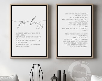 Psalm 128, Bible Verse Quote, Set of 2 Poster Prints, Christian Home Wall Art Décor, Minimalist Art, Multiple Sizes