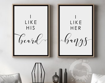 J'aime sa barbe, j'aime sa frange, affiches couple romantique (Ensemble de 2)