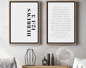 May include: Two black and white printable wall art prints with a religious theme. The left print has the text "HEBREWS 12:1-3". The right print has a bible verse from Hebrews 12:1-3.