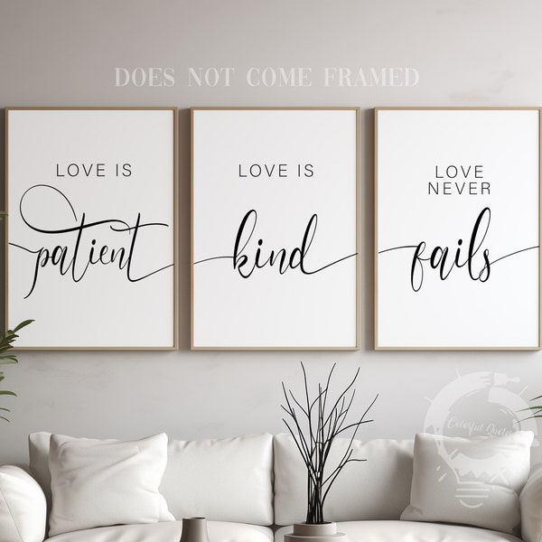 Love Is Patient Love Is Kind Love Never Fails, Set of 3 Poster Prints, Minimalist Art, Home Wall Decor, Multiple Sizes