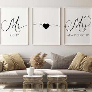 Mr. Right & Mrs. Always Right, Posters for Couples, Set of 3 Poster Prints, Home Wall Art Décor, Minimalist Art, Multiple Sizes
