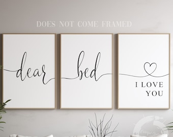 Dear Bed I Love You, Minimalist Poster Prints, Bedroom Wall Art, Set of 3