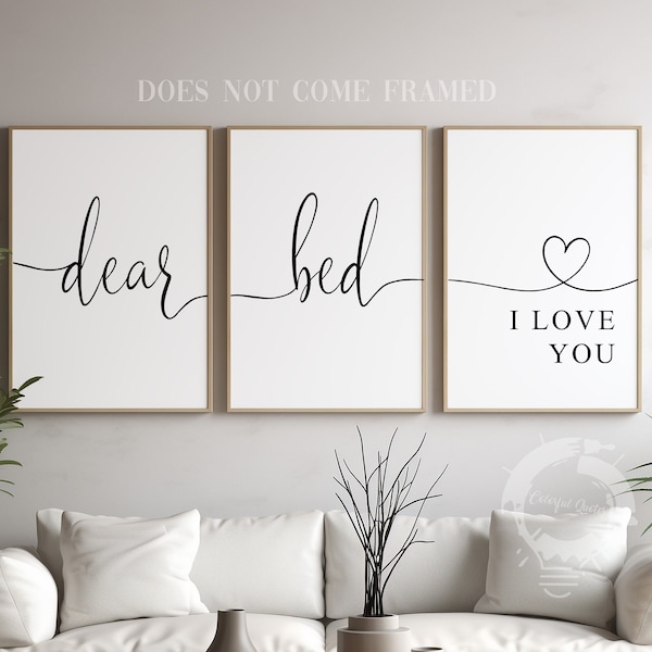 Dear Bed I Love You Art, Inspirational Love Wall Art, Dear Bed, Minimalist Typography Wall Decor, Wall Art Decor Canvas Poster Set of 3