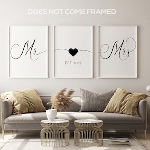 Mr. and Mrs., Personalized Posters for Couple, Set of 3 Romantic Bedroom Poster Prints, Home Wall Art Décor, Minimalist Art, Multiple Sizes