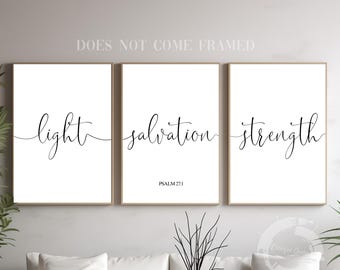 Psalm 27:1, Light Salvation Strength, Bible Verse Quote, Set of 3 Poster, Christian Scripture, Home Wall Art Décor, Minimalist Print
