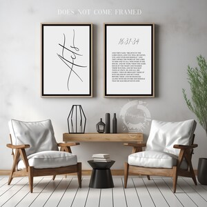 May include: Two black framed prints with white backgrounds. The print on the left has the word "Acts" written in cursive. The print on the right has the Bible verse Acts 16:31-34 printed in black text.