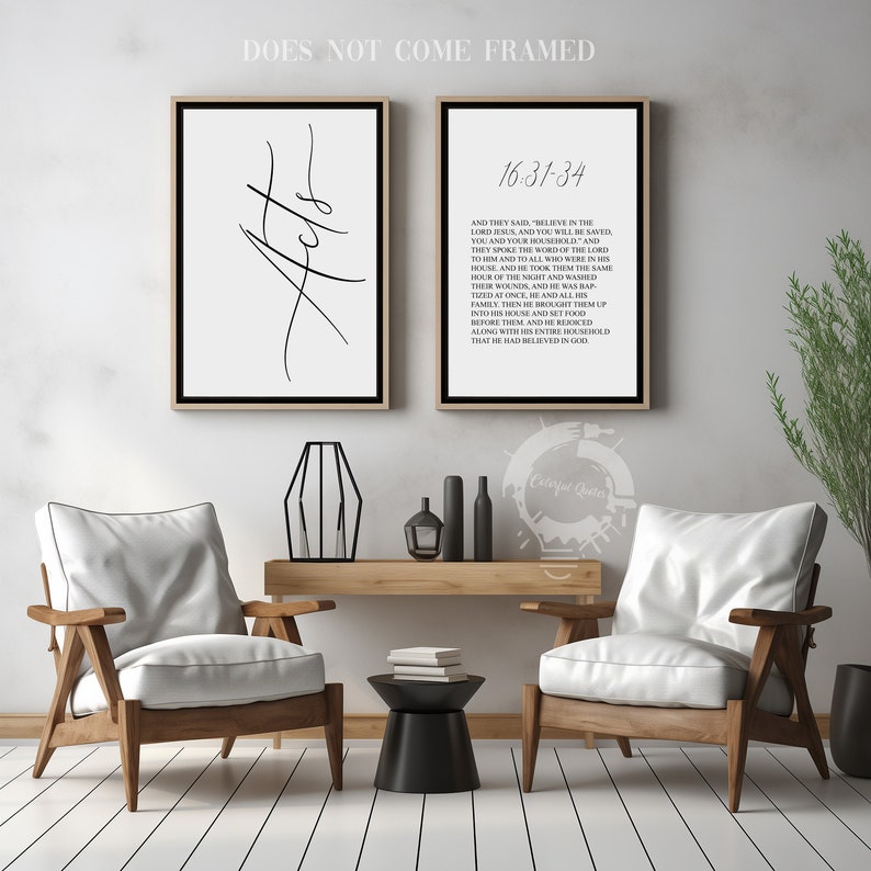 May include: Two black framed prints with white backgrounds. The print on the left has the word "Acts" written in cursive. The print on the right has the Bible verse Acts 16:31-34 printed in black text.
