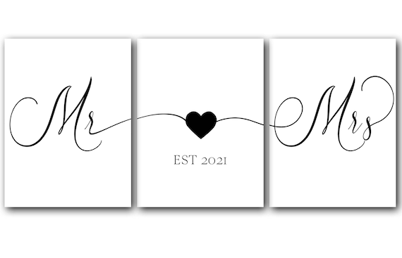 Mr. and Mrs. Personalized Poster Prints Set, Romantic Bedroom Wall