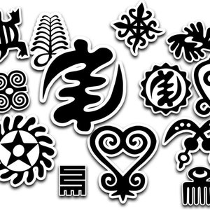 May include: A collection of 12 black and white Adinkra symbols, traditional Ghanaian symbols representing concepts and proverbs. The symbols include the Sankofa, the Gye Nyame, the Akoma Ntoaso, the Nkyinkyim, the Adinkrahene, the Hene, the Ahenemma, the Nsoromma, the Mprempren, the Nkyinkyim, the Aseda, and the Abusua.