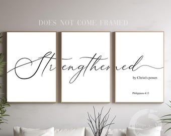 Philippians 4:13, Strengthened by Christ's Power, Bible Verse Quote, Set of 3 Poster, Christian Home Wall Art Décor, Minimalist Print