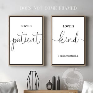 1 Corinthians 13:4, Love is Patient - Love is Kind, Bible Verse Quote, Set of 2 Poster Prints, Christian Home Wall Art Décor, Minimalist Art
