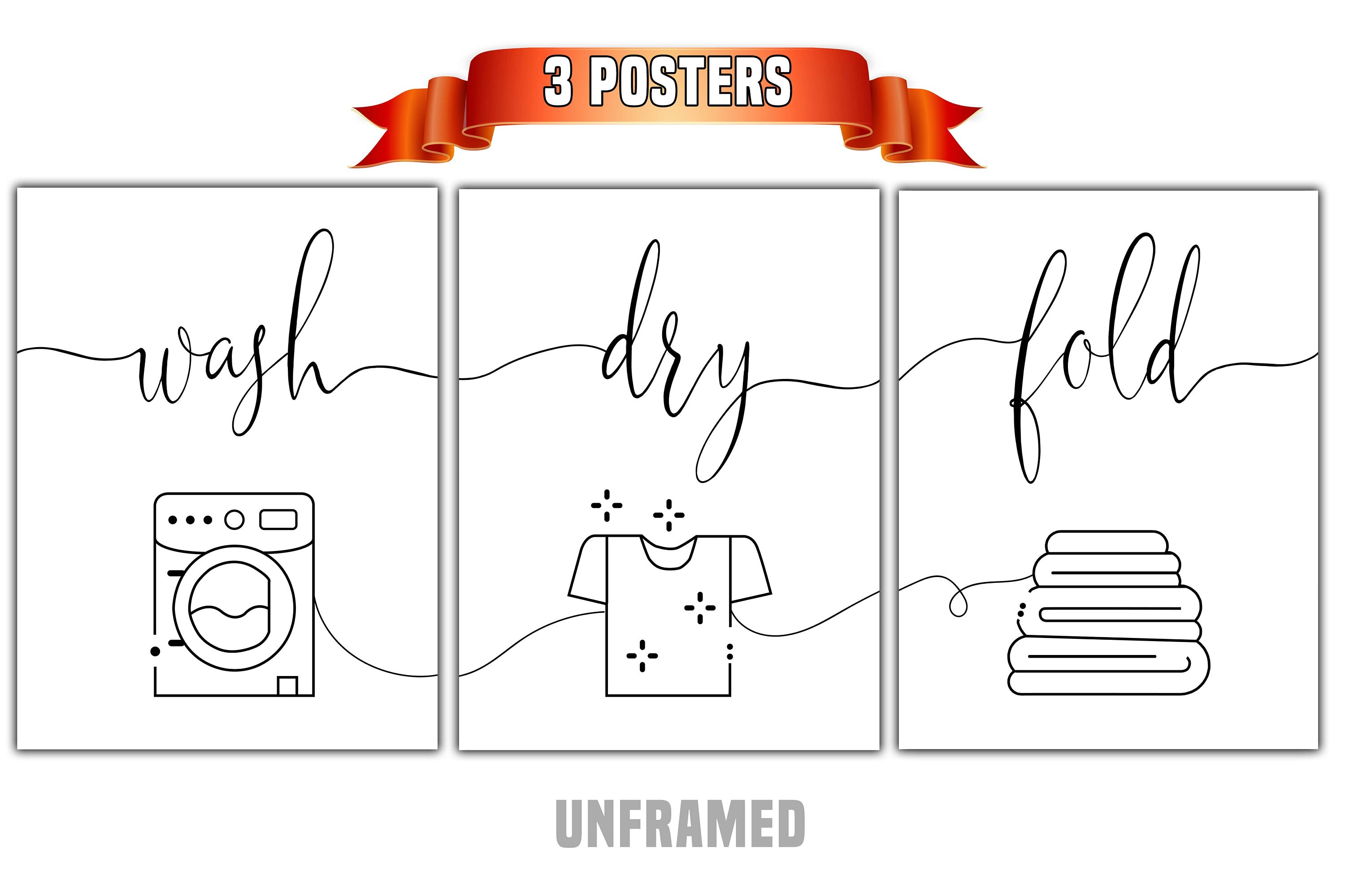 Wash Dry Fold, Laundry Room Poster Prints, Minimalist Wall Art, Set of ...