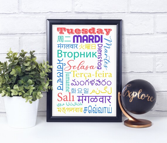 TUESDAY in Different Languages Poster Home Decor Classroom 