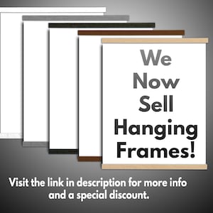 May include: A variety of hanging frames in different colors, including white, gray, black, brown, and natural wood. The frames are all made of wood and have a simple, modern design. The text "We Now Sell Hanging Frames!" is displayed on the frame in the foreground. Visit the link in description for more info and a special discount.