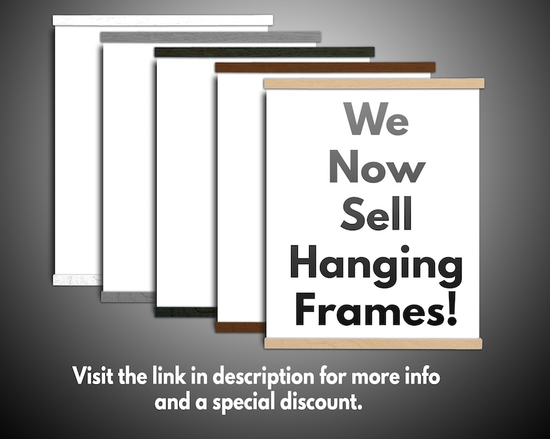 May include: A variety of hanging frames in different colors, including white, gray, black, brown, and natural wood. The frames are all made of wood and have a simple, modern design. The text "We Now Sell Hanging Frames!" is displayed on the frame in the foreground. Visit the link in description for more info and a special discount.