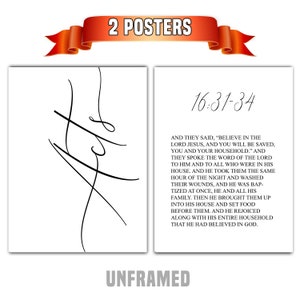 May include: Two unframed posters featuring a black and white line art design on the left and a Bible verse from the book of Acts, chapter 16, verses 31-34 on the right. The text is in black and white.