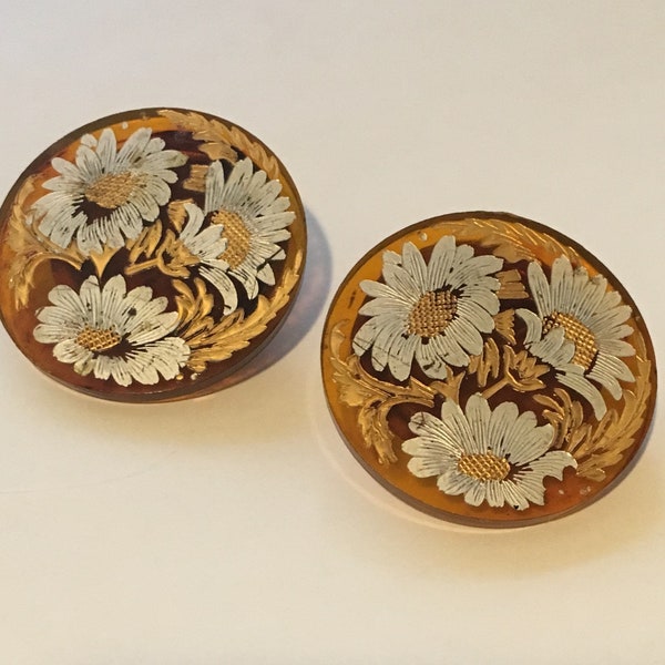 Boho Vintage Painted Daisy Clip Earrings