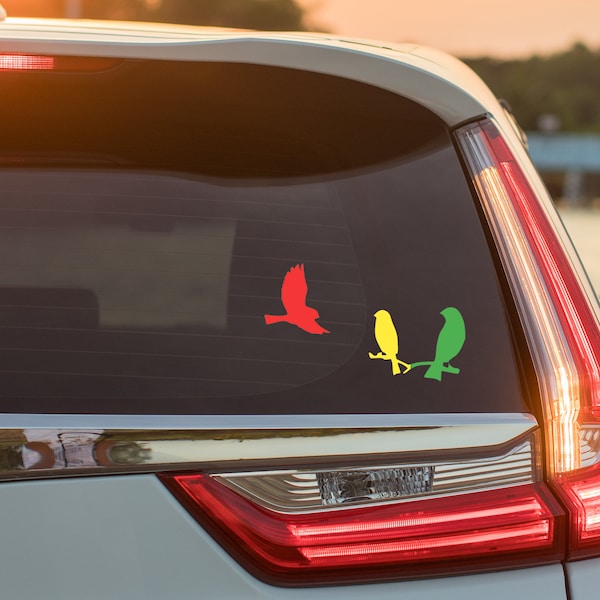 Three Little Birds Vinyl Decal Car Window Sticker - Red Gold and Green