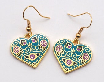 Turquoise Floral Heart Earrings, Patchwork Earrings, Dangle Earrings, Gold Heart, Ornate Valentine, Aqua Purple Gold