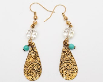 Teardrop Brass Dangle Earrings Floral Earrings Dangle Earrings