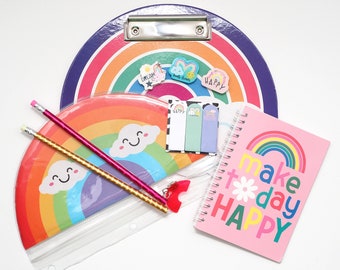 Rainbow School Bundle  Rainbow Desk Set  Stationery Set  Rainbow Erasers  Rainbow Pouch  Holo Pencils