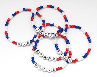 Red White Blue Stretch Bracelet Seed Bead Bracelet Personalized Patriotic Jewelry