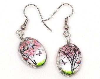 Cherry Blossom Tree Earrings, Resin Earrings, Dangle Earring with Butterflies