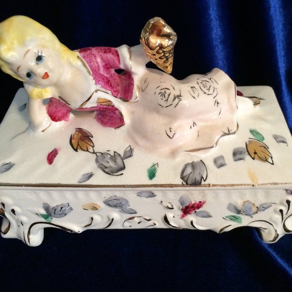 Tilso Trinket Jewelry Box Glove Box Trinket Box Lidded Box Reclining Lady Made in Japan Hand painted 1960s