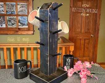 Rustic Black Wood Mug Tree, Western Coffee Bar Decor, Holds 10 Mugs