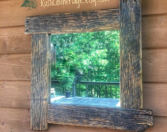 Reclaimed Oak Wood Mirror, Rustic Cabin Decor, 25.25” Square