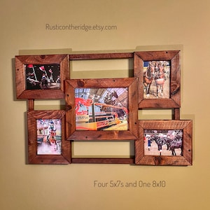 May include: A wooden picture frame collage with five openings. The frames are stained a warm brown and hold photos of equestrian events. The text "Four 5x7s and One 8x10" is at the bottom.