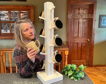 White Wood Mug Tower: Sculptural 14-Cup Display Stand