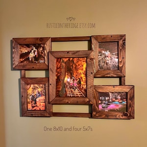 May include: A dark brown wooden multi-photo collage frame featuring one 8x10 inch central opening and four 5x7 inch surrounding openings. The frame displays five distinct photographs of people in outdoor settings. Text reads RUSTICONTHERIDGE.ETSY.COM.