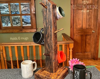 Rustic Wood Coffee Mug Tree, Western Decor, Holds 6 Mugs