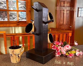 Black Driftwood Mug Tree, Rustic Coffee Bar Decor, Holds 6 Mugs