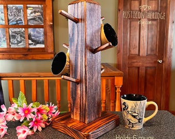 Rustic Wood Mug Tree, Western Coffee Bar Decor, Holds 6 Mugs