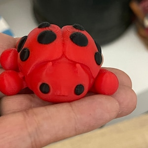 May include: A 3D-printed ladybug figurine in bright red with black spots. The ladybug has a rounded body and small, spherical legs. The figurine is held in a hand, showcasing its size and detail.